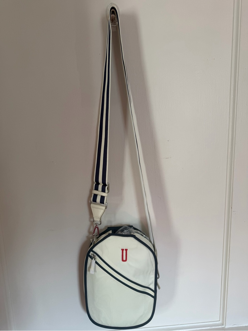 Mark & Graham Sporty Stripe Pickleball Crossbody Bag White Navy Monogram U